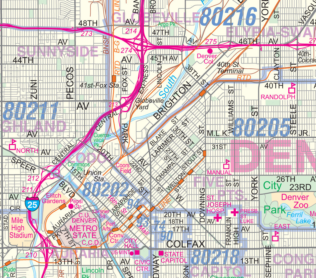 Metro Denver-Aurora-Boulder CO Detailed Region Wall Map w//Zip Codes