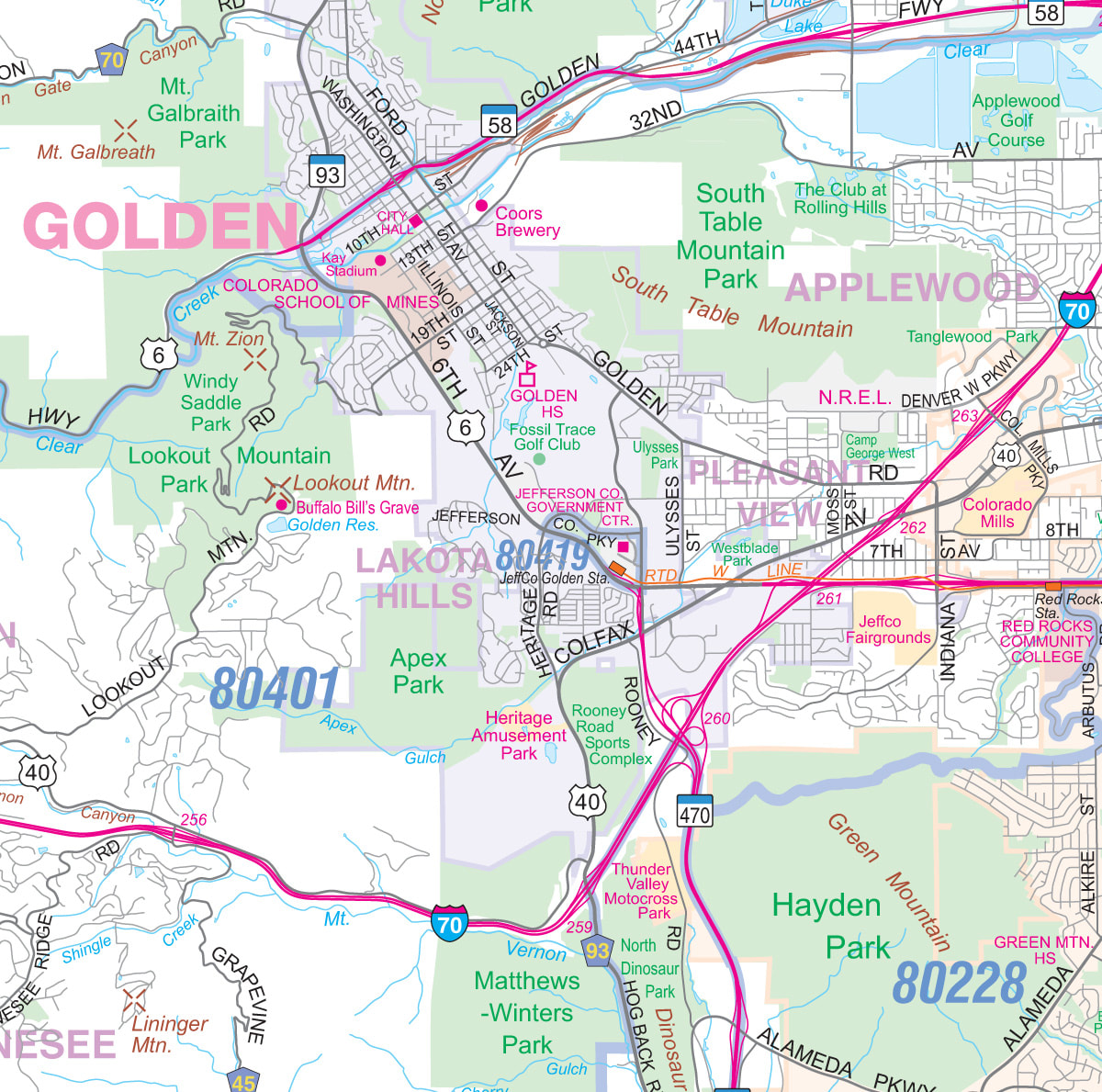 Metro Denver-Aurora-Boulder CO Detailed Region Wall Map w//Zip Codes