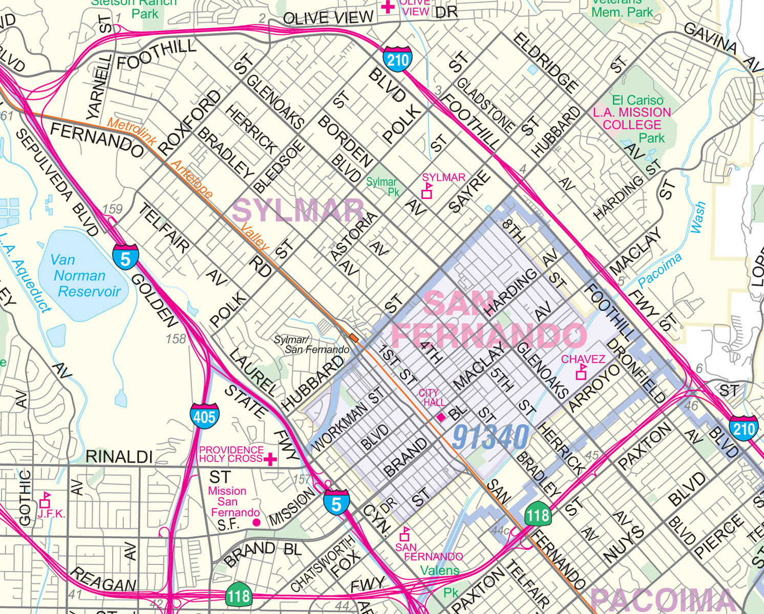 San Fernando Valley North Los Angeles Detailed Arterial Wall Map
