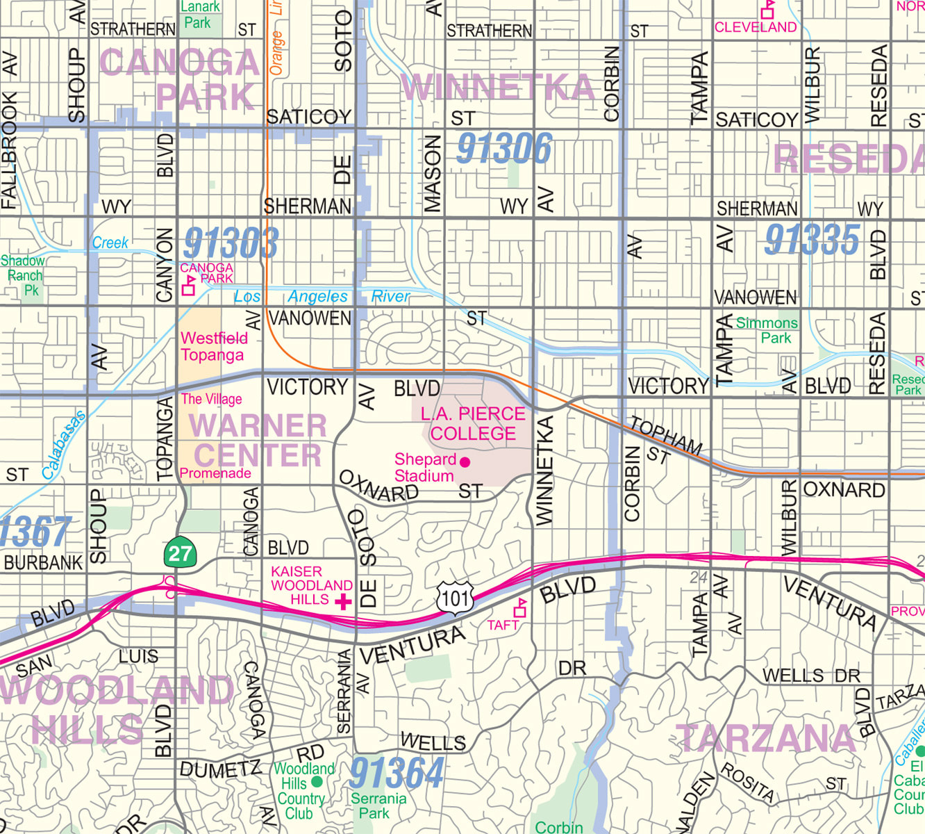 san fernando valley zip code map San Fernando Valley North Los Angeles Detailed Arterial Wall Map san fernando valley zip code map